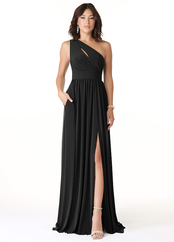 Azazie Jasna Brautjungfernkleider A-Linie One-Shoulder Luxuriöse Strickwaren Kleid Schwarz image1