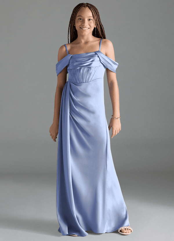 Azazie Amyra Junior Ice Sheath Off the Shoulder Stretch Satin Dress image1