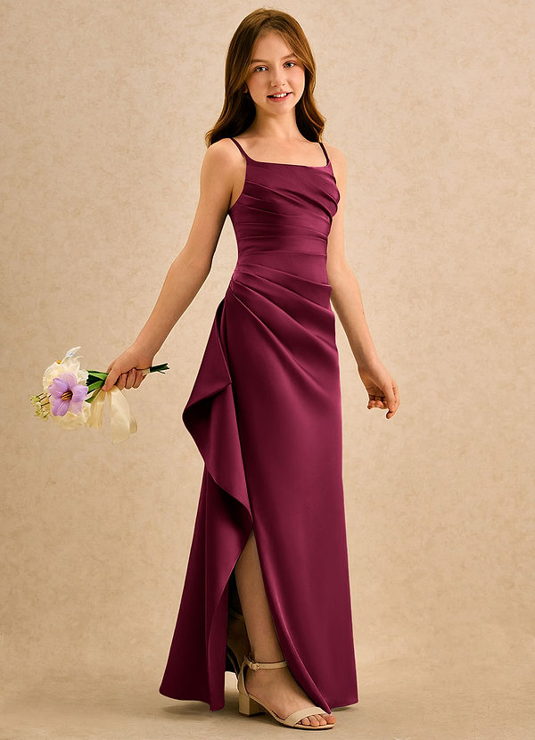 Azazie Cannoli Girls Formal Flower Girl Dresses Burgundy A-Line Pleated Stretch Satin Dress image1