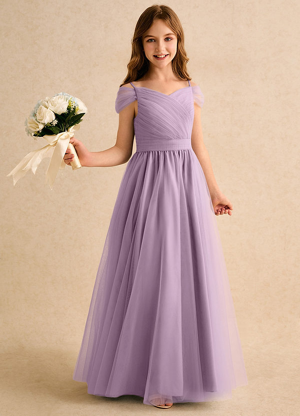 Azazie Yuna Girls Formal Abiti da Ragazza di Fiori Abito A-Line in Tulle a Spalla Scoperta Glicine image1