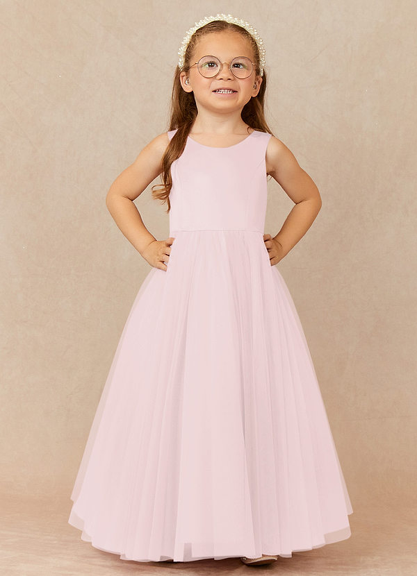 Azazie Muni Flower Girl Dresses Blushing Pink A-Line Bow Tulle Dress image1