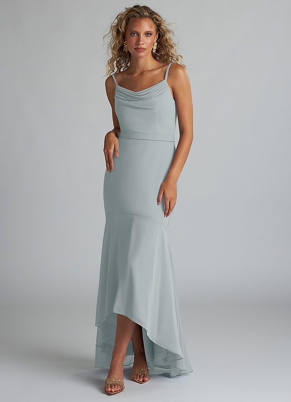 Azazie Summer Bridesmaid Dresses Dolphin Grey Mermaid Scoop Cowl Chiffon Dress image1