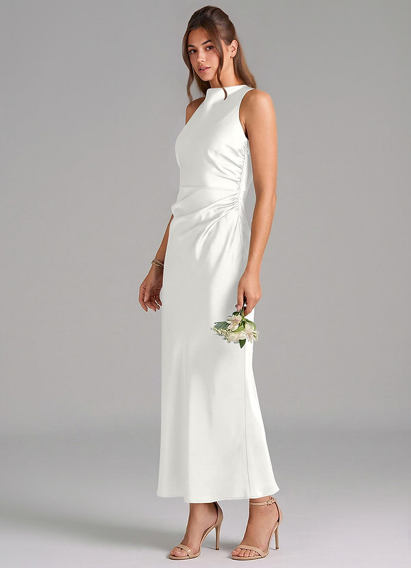 Azazie Evadne 신부 들러리 드레스 쉬스 주름진 스트레치 새틴 발목 길이 드레스 image1