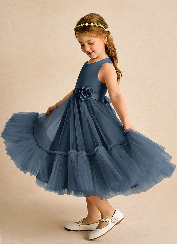 Azazie Miracle Robes de Fillette d'Honneur Robe Trapèze en Mat Satiné Arc Neptune image1