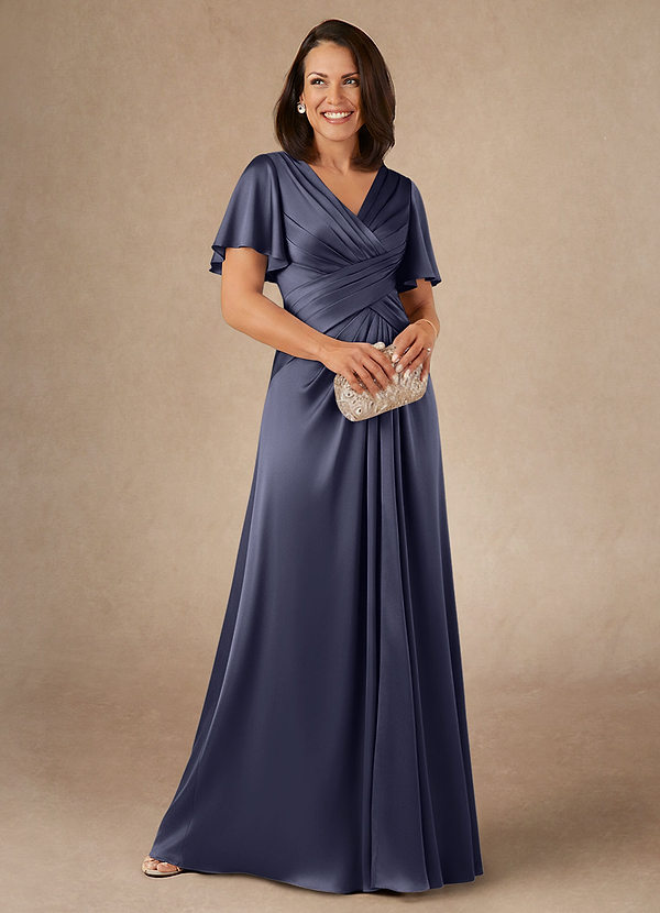 Azazie Emmeline Mother of the Brides Dresses Stormy A-Line Pleated Stretch Satin Dress image1