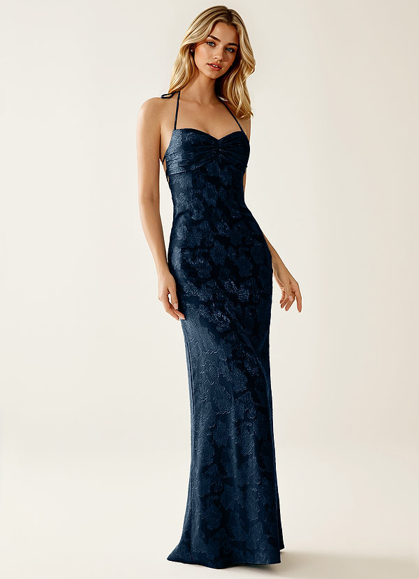Angena Marine Jacquard feestjurk met open rug image1