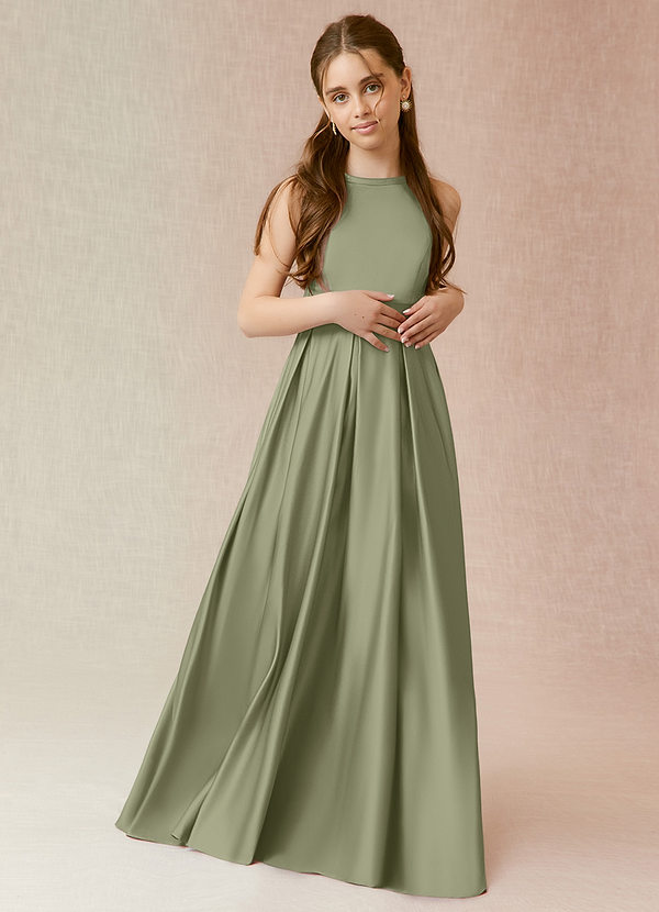 Azazie Arianthe Junior Pistachio A-Line with Pockets Matte Satin Dress image1