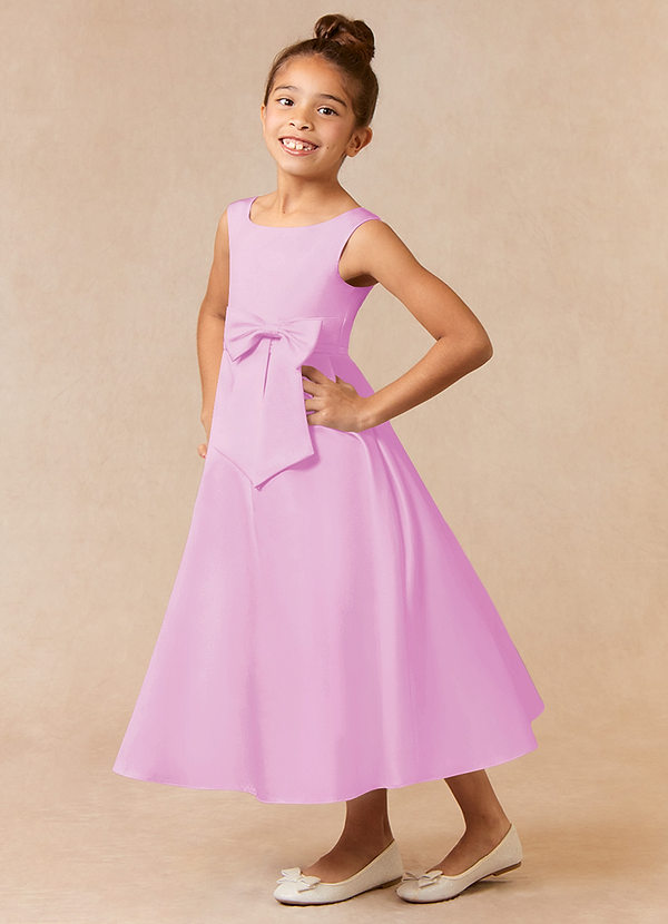 Azazie Lindy Flower Girl Dresses Candy Pink A-Line Pleated Matte Satin Dress image1