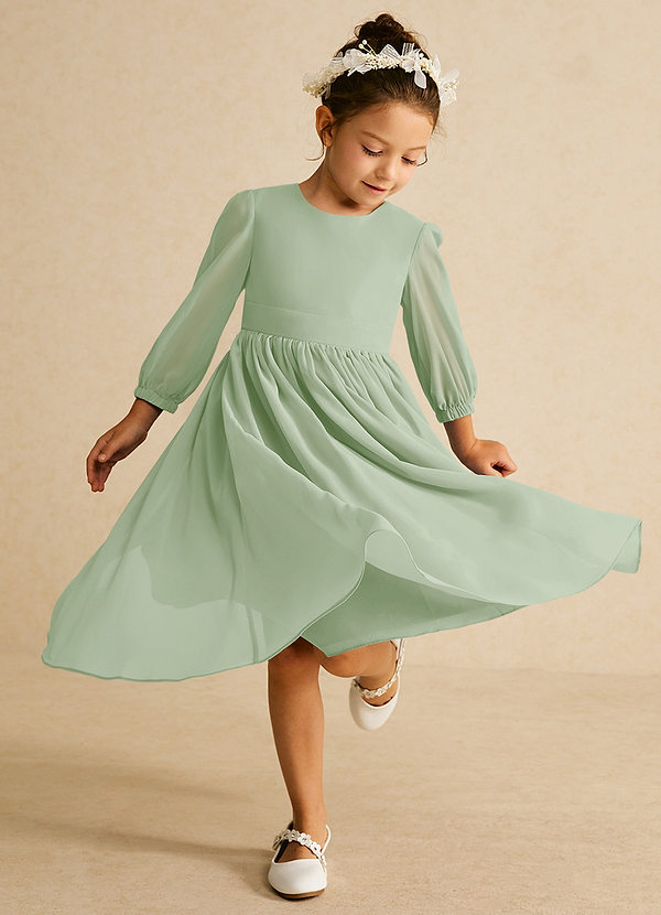 Azazie Lolo Abiti da Ragazza di Fiori Abito A-Line in Chiffon Con Maniche Verde Salvia image1