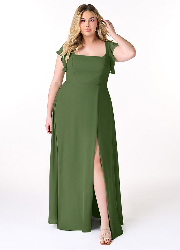 Azazie Bondi Bridesmaid Dresses Olive A-Line Ruffled Chiffon Dress image1