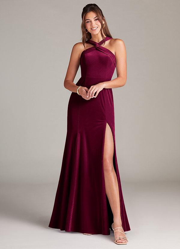 Azazie Rue Robes Demoiselle d'honneur Robe Trapèze en velours Plissée Cabernet image1