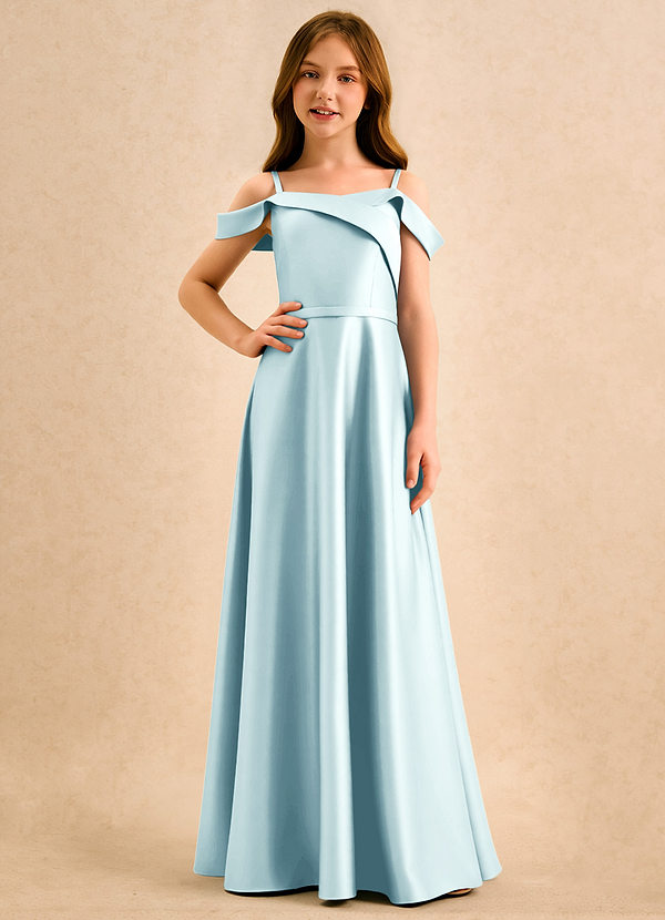 Azazie Jupie Girls Formal Sukienki dla dziewczynek sypiących kwiaty Linia A Pofałdowany Matowy satynowy Długość podłogi Sukienka image1