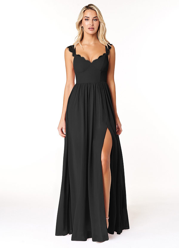 Azazie Cleobella Bridesmaid Dresses Black A-Line Sweetheart Lace Chiffon Dress image1