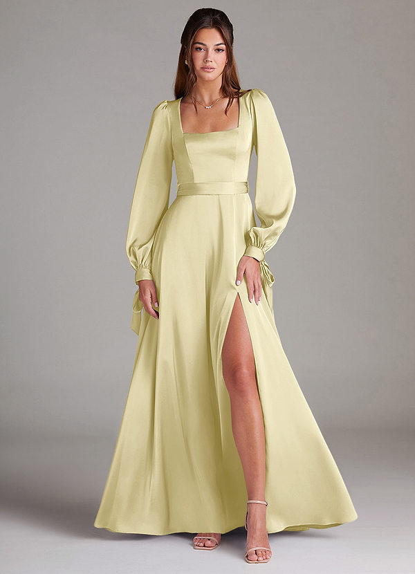 Azazie Leonia Robes Demoiselle d'honneur Robe Trapèze en Satin extensible Manche longue Sorbet Citron image1