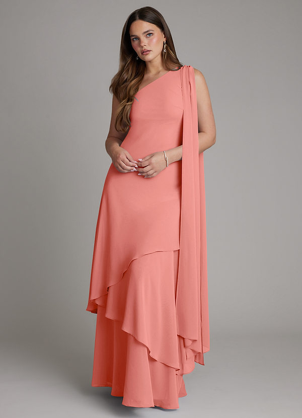 Azazie Monique Robes de demoiselle d'honneur Robe Trapèze en Mousseline de soie Une épaule Rose Saumon image1