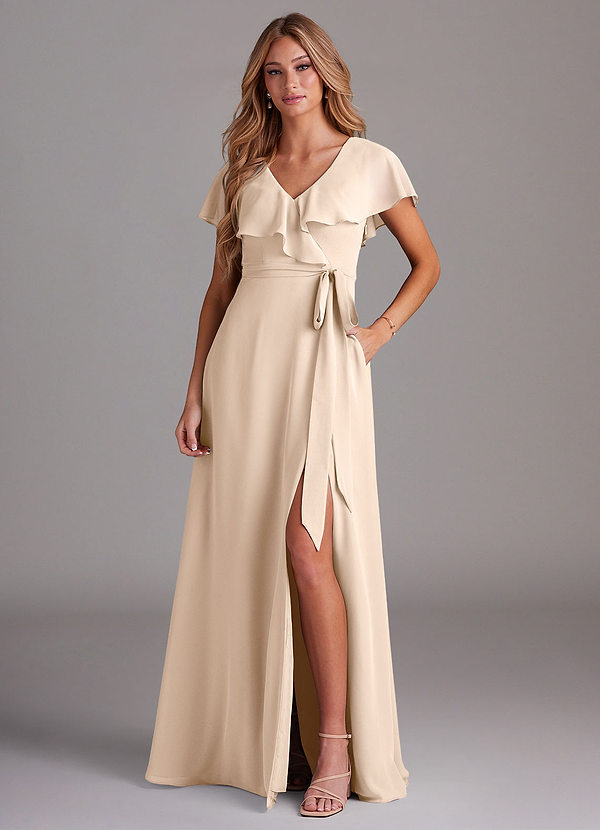 Azazie Lainey Bridesmaid Dresses White Alabaster A-Line with Pockets Chiffon Dress image1