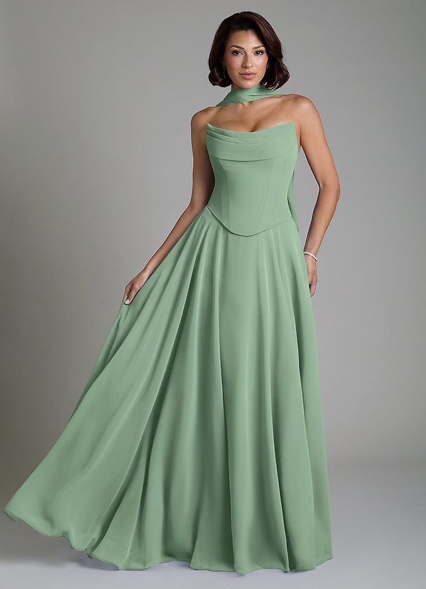 Azazie Ira Vestidos de dama de honor Vestido Matcha de Gasa de Línea A con Corsé image1