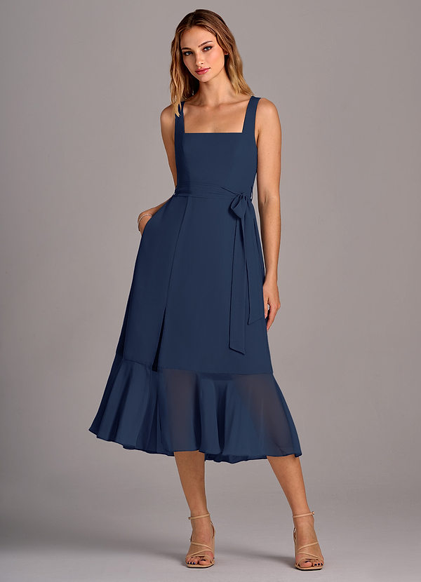 Azazie Deb Bridesmaid Dresses Dark Navy A-Line with Pockets Chiffon Convertible Dress image1