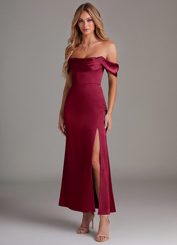 Azazie Saige Bridesmaid Dresses Burgundy Mermaid Off the Shoulder Stretch Satin Dress image1