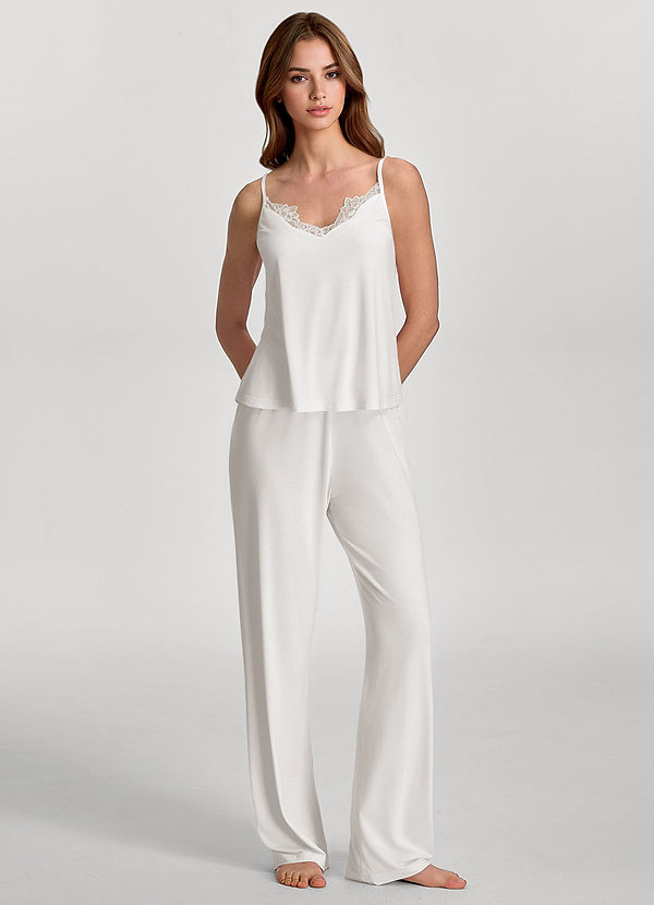 front Blanc Ensemble pyjama composé d'un débardeur et d'un pantalon large en rayonne douce bordée de dentelle