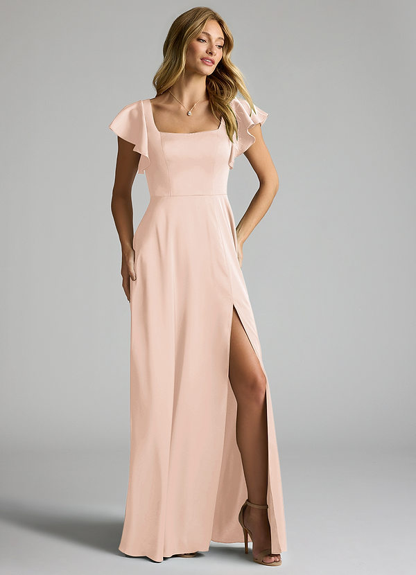 Azazie Bondi Bridesmaid Dresses Blushing Pink A-Line Bow Stretch Satin Dress image1