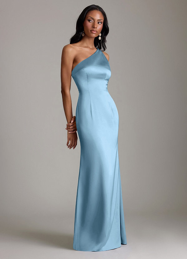 Azazie Voni Abiti da Damigella Abito Sirena in Raso Elasticizzato Monospalla Blu Acciaio image1