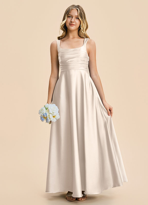 Azazie Azaria Junior White Alabaster A-Line Pleated Stretch Satin Dress image1