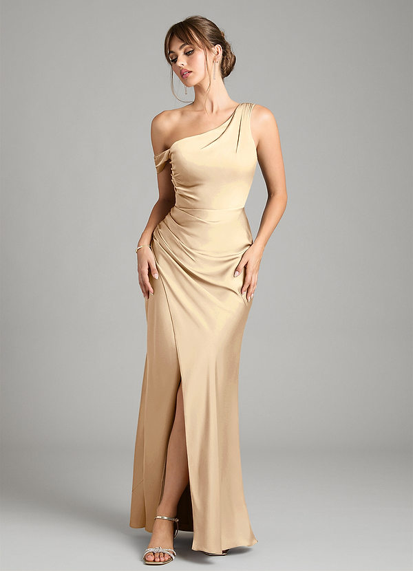 Azazie Madelyn Bridesmaid Dresses Champagne Mermaid One Shoulder Stretch Satin Convertible Dress image1