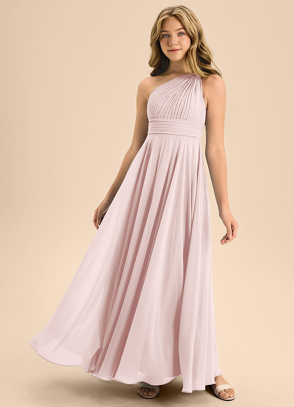 Azazie Charlize Junior Blushing Pink A-Line Pleated Chiffon Dress image1