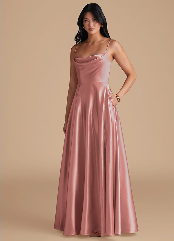 Azazie Elle Brautjungfernkleider A-Linie mit Taschen Metallischer Satin Kleid Altrosa image1