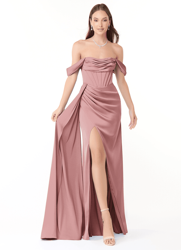 Azazie Amyra Vestidos Dama de Honor Vestido de Rosa Polvorienta de Satén Elástico de Corte Recto Convertible con Vestidos sin tirantes image1