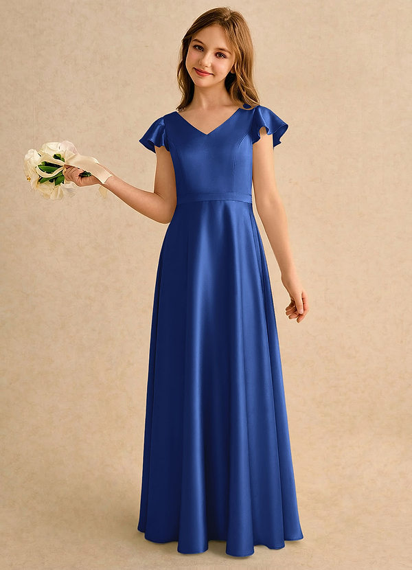 Azazie Nari Girls Formal Blomsterpigekjoler A-Line med ærmer Stræk satin Gulv-længde Kjole image1