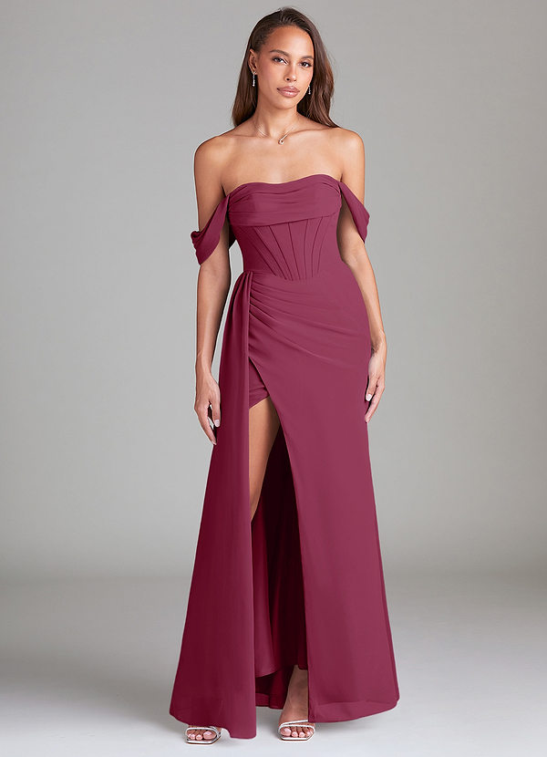 Azazie Amyra Bridesmaid Dresses Mulberry Sheath Off the Shoulder Chiffon Convertible Dress image1
