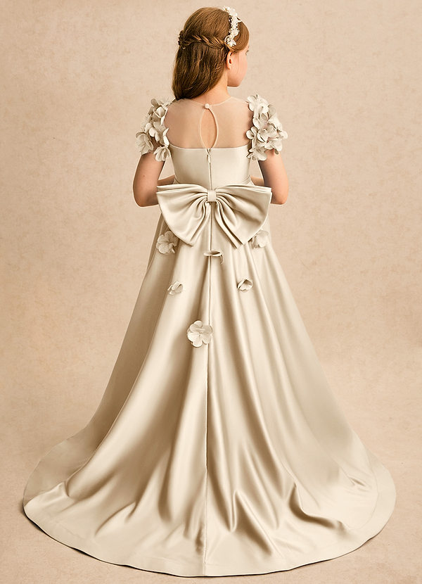 Azazie Charity Flower Girl Dresses Champagne A-Line with Sleeves Matte Satin Dress image1