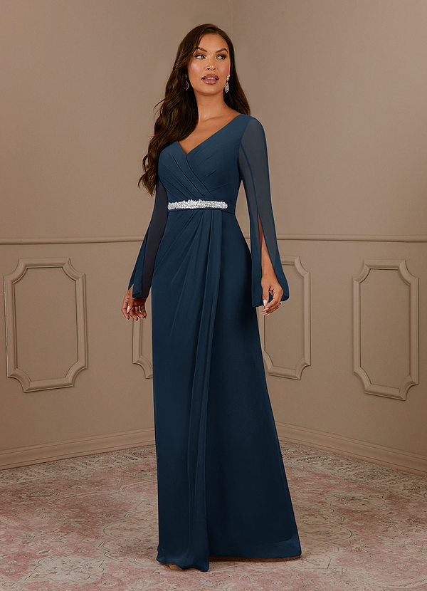 Azazie Belinda Dark Navy A-Line V-Neck Pleated Chiffon Dress