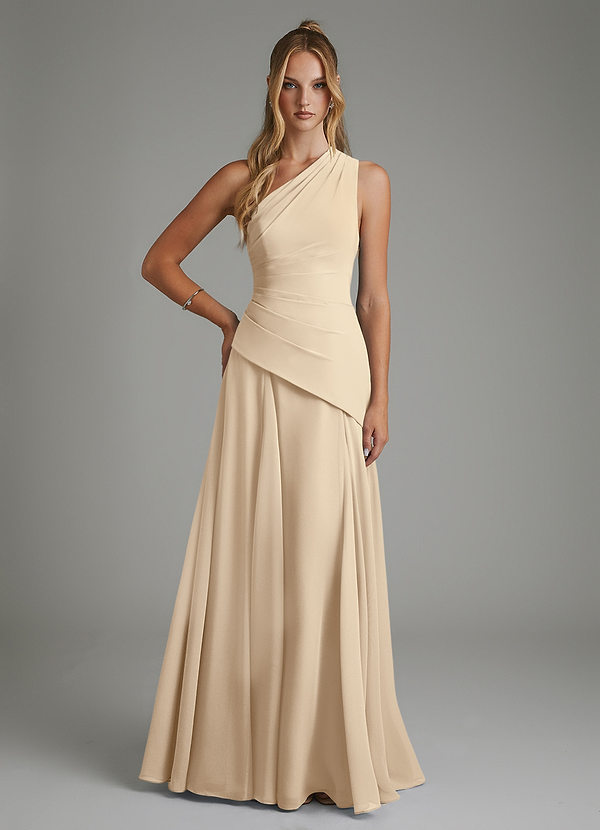 Azazie Holly Bridesmaid Dresses Champagne A-Line Corset Chiffon Dress image1