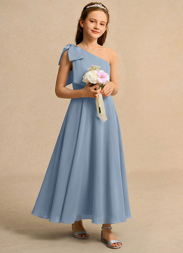 Azazie Guppy Junior Formal Flower Girl Dresses Dusty Blue A-Line One Shoulder Chiffon Dress image1