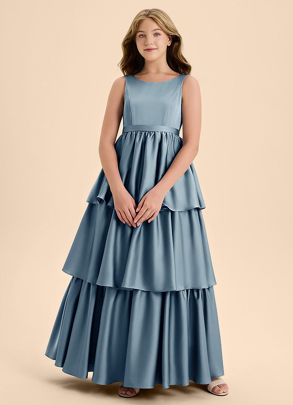Azazie Meadowyn Junior Vestido de Azul Polvoriento de Satén Elástico de Corte En A con Lazo image1
