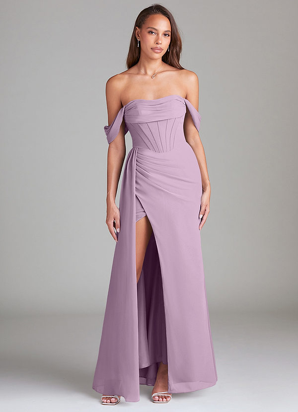 Azazie Amyra Bridesmaid Dresses Wisteria Sheath Off the Shoulder Chiffon Convertible Dress image1