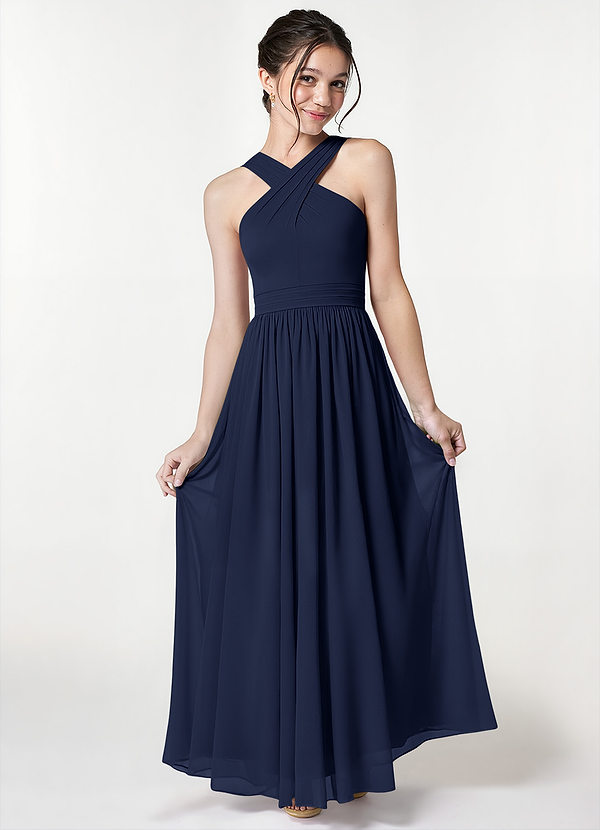 Azazie Jiya Junior Dark Navy A-Line Pleated Mesh Dress image1