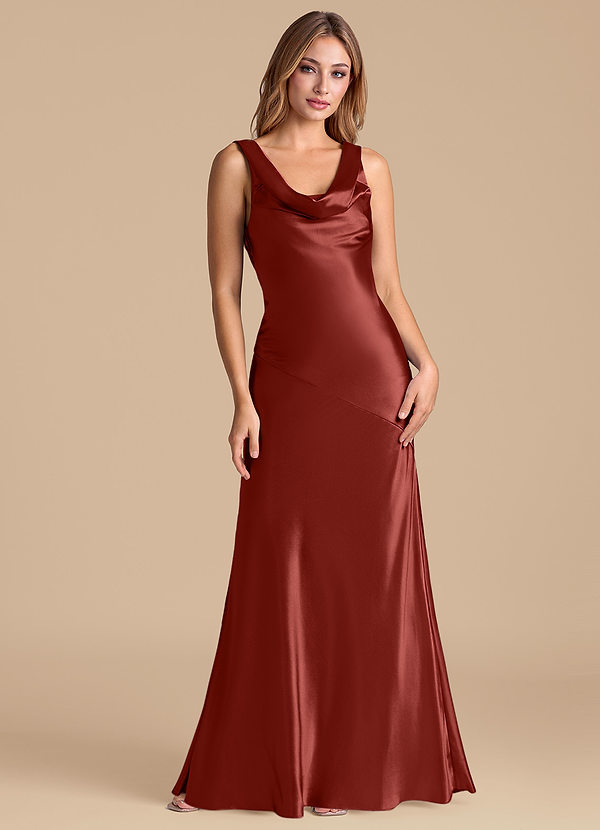 Azazie Rylina 신부 들러리 드레스 인어 메탈릭 새틴 바닥 길이 드레스 image1