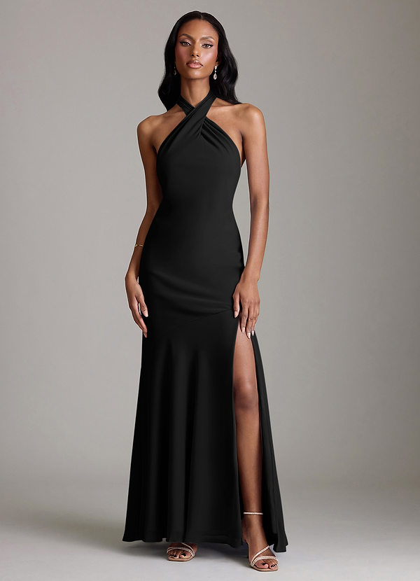 Azazie Lorena Bridesmaid Dresses Black Mermaid Pleated Chiffon Dress image1