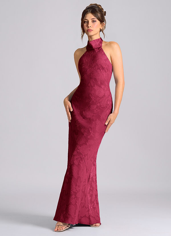 Azazie Velli Bridesmaid Dresses Burgundy Mermaid High Neck Floral Burnout Dress image1