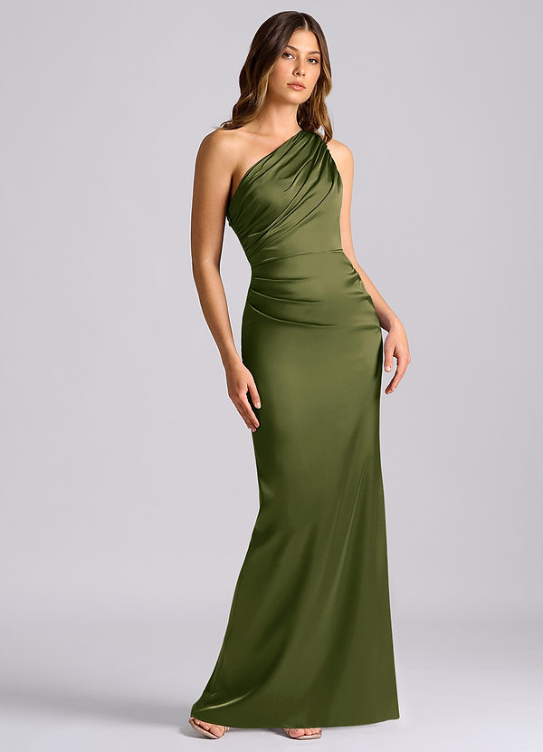 Akilah Bridesmaid Dresses Bright Olive Mermaid One Shoulder Stretch Satin Dress image1