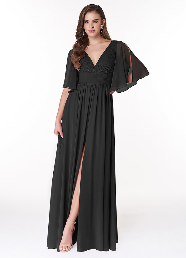 Azazie Temeka Bridesmaid Dresses Black A-Line Ruched Chiffon Dress image1