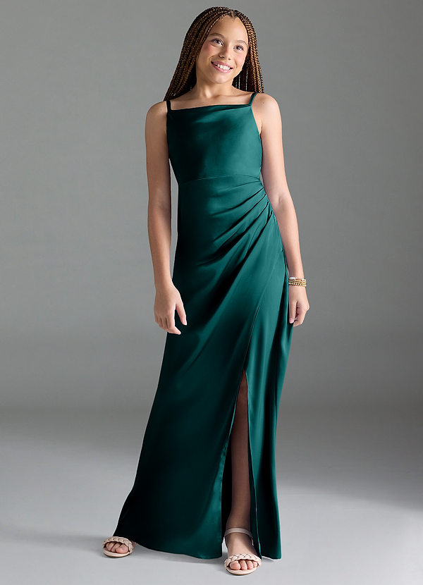 Azazie Leonis Junior Robe Trapèze en Satin extensible Plissée Paon image1