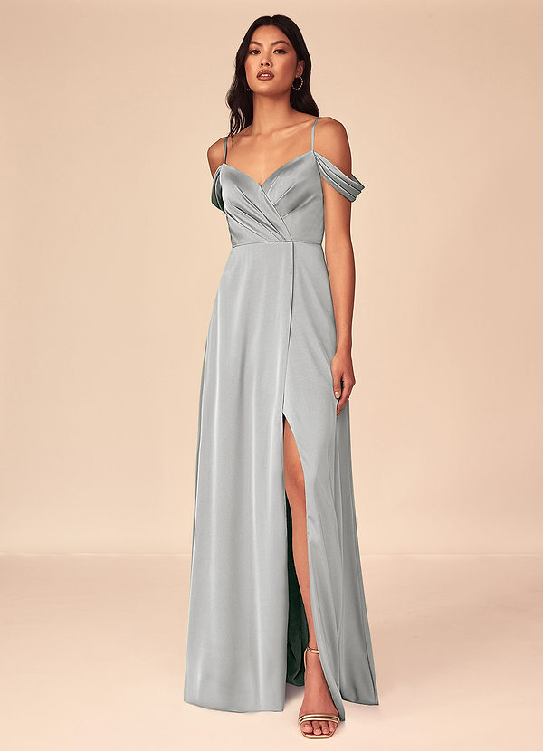 Azazie Ocean Bridesmaid Dresses Silver A-Line V-Neck Pleated Stretch Satin Dress image1