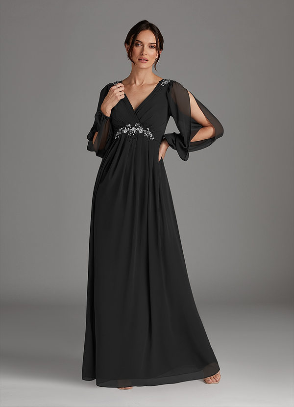 Azazie Gypsy Mother of the Brides Dresses Black A-Line V-Neck Sequins Chiffon Dress image1