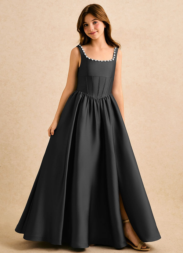 Azazie Enid Girls Formal Blomsterpigekjoler A-Line Perlebesat Stræk satin Gulv-længde Kjole image1