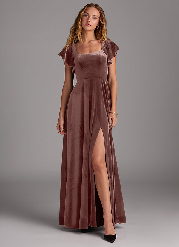 Azazie Bondi Bridesmaid Dresses Espresso A-Line Side Slit Velvet Dress image1